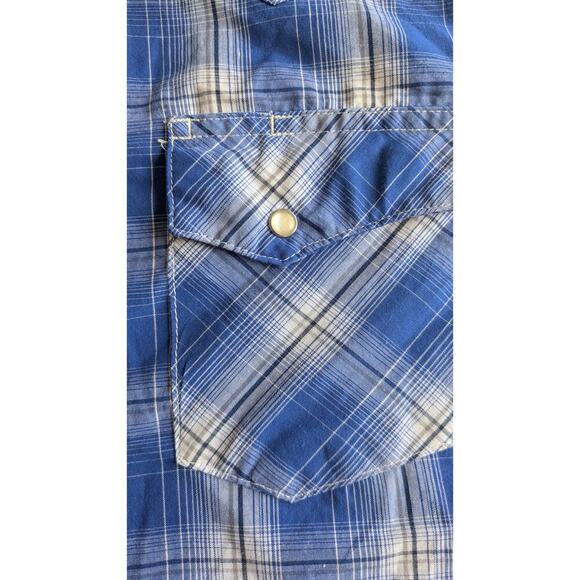 Wrangler Wrancher Blue Plaid Pearl Snap Button Down Shirt, Medium, Vintage - Picture 7 of 9